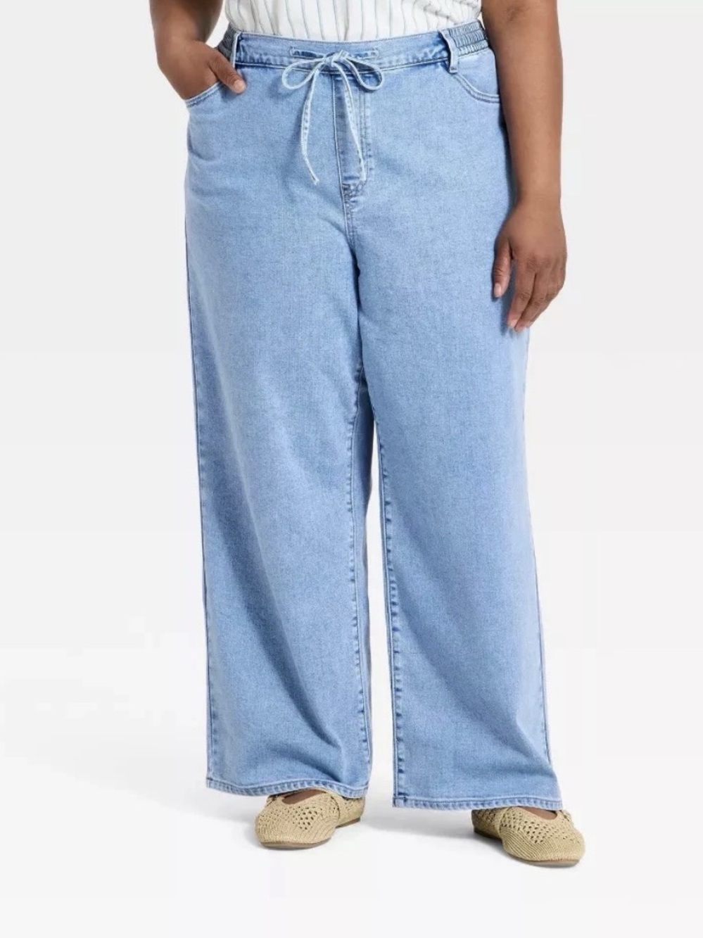 Ava & Viv Womens High-Rise Tie-Front Straight Leg Beach Jeans Stretch Light Wash